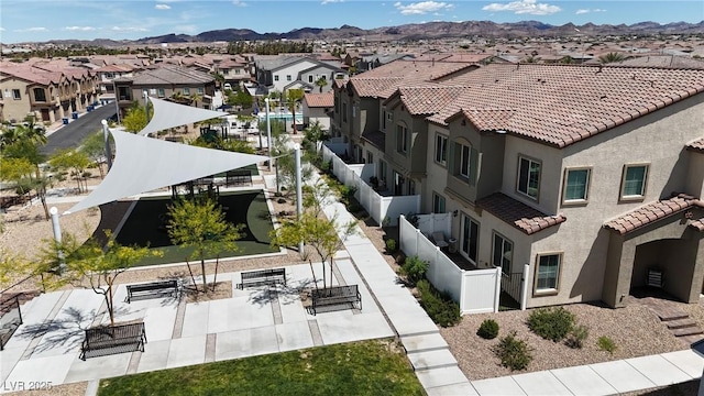 aerial view featuring a residential view and a mountain view