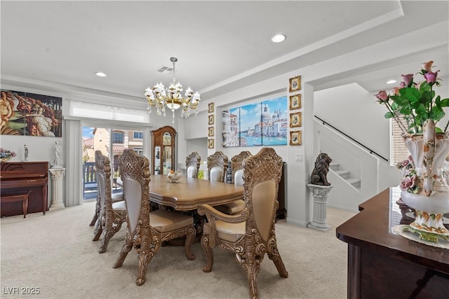 dining room featuring stairs, recessed lighting, a notable chandelier, and light carpet