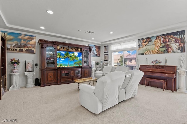 living room featuring visible vents, carpet flooring, and recessed lighting