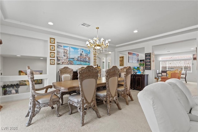 dining space with an inviting chandelier, light colored carpet, recessed lighting, and visible vents