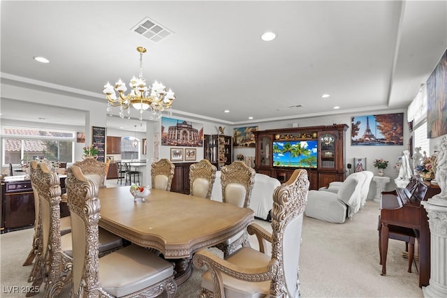 dining area featuring visible vents, light colored carpet, recessed lighting, and a notable chandelier