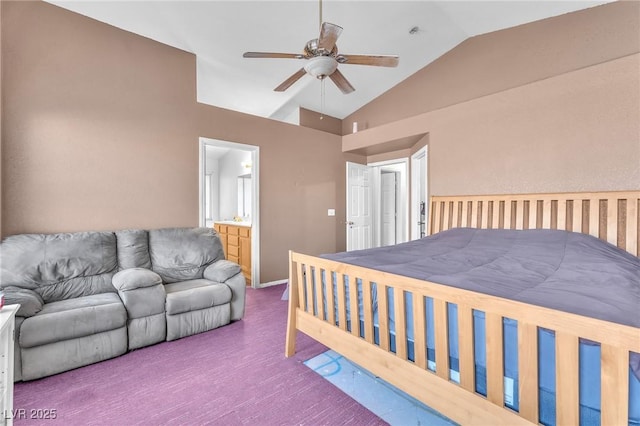 2753 Trickling Brook Ct, Las Vegas, NV 89156 - bedroom with lofted ceiling, carpet floors, ensuite bath, a ceiling fan, and baseboards