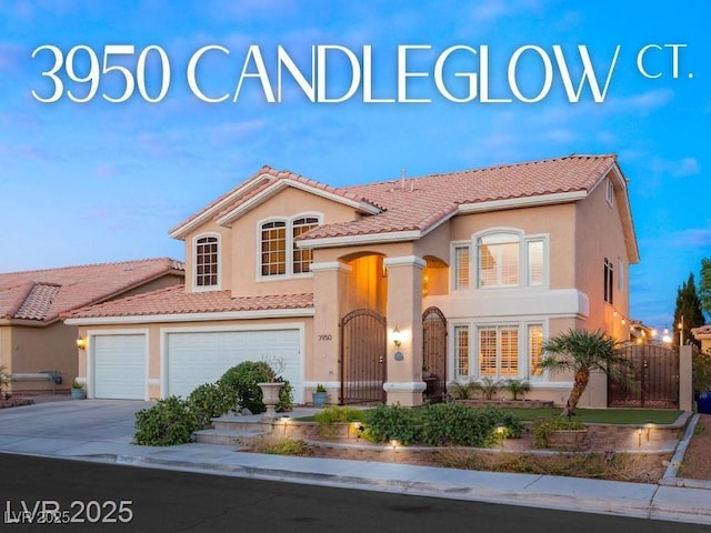3950 Candleglow Ct, Las Vegas, NV 89147 - mediterranean / spanish home featuring fence, driveway, a tile roof, and stucco siding