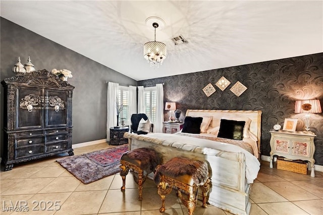3950 Candleglow Ct, Las Vegas, NV 89147 - tiled bedroom featuring baseboards, vaulted ceiling, wallpapered walls, and a notable chandelier