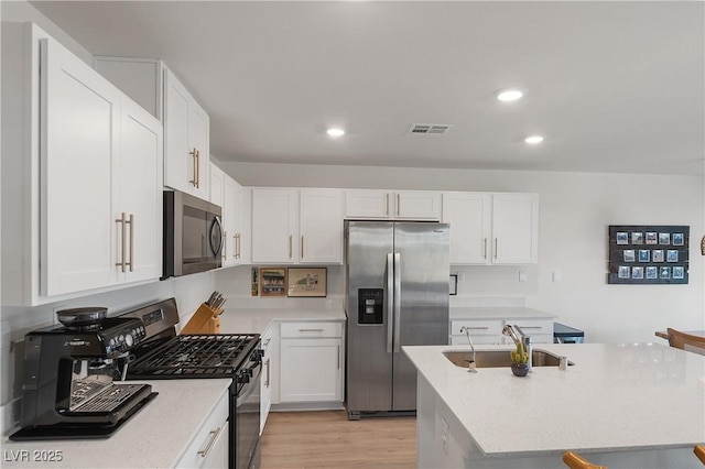 kitchen with visible vents, appliances with stainless steel finishes, white cabinetry, a sink, and light wood-style flooring