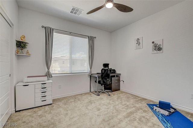 8898 Sasquatch Run Ave, Las Vegas, NV 89166 - carpeted home office featuring ceiling fan, visible vents, and baseboards