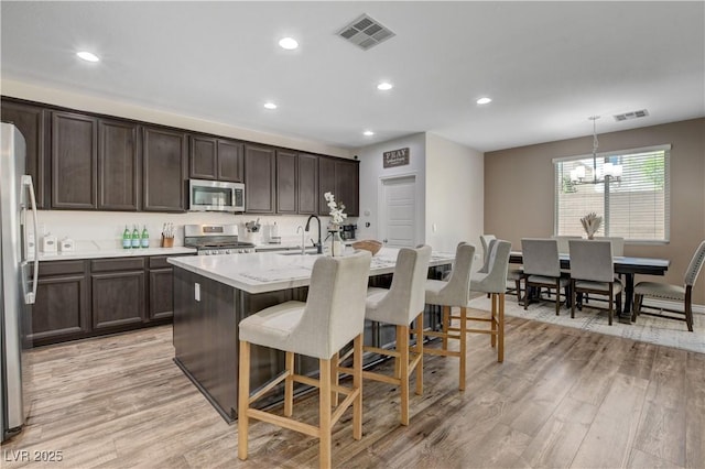 kitchen with visible vents, a kitchen breakfast bar, dark brown cabinets, and stainless steel appliances