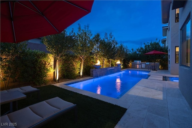 pool with a patio and exterior kitchen
