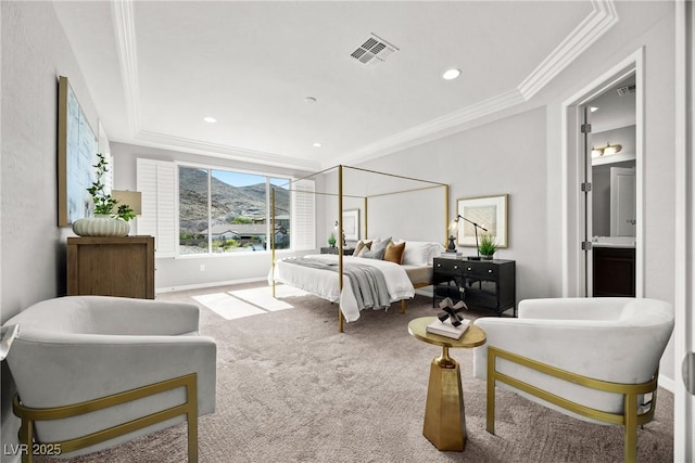 12705 Coastline Shadow St, Las Vegas, NV 89141 - carpeted bedroom with ornamental molding, baseboards, recessed lighting, and a mountain view