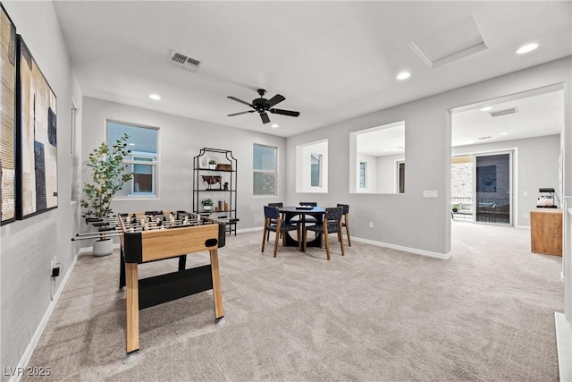 12705 Coastline Shadow St, Las Vegas, NV 89141 - recreation room featuring light colored carpet, recessed lighting, baseboards, attic access, and a ceiling fan