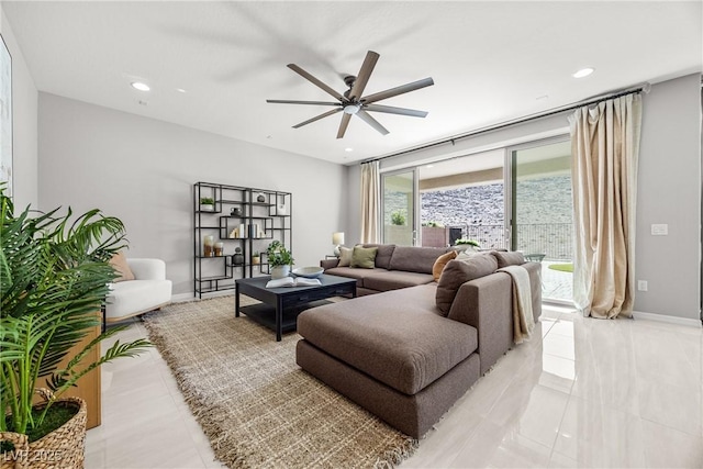 12705 Coastline Shadow St, Las Vegas, NV 89141 - living area featuring a ceiling fan, light tile patterned floors, recessed lighting, and baseboards