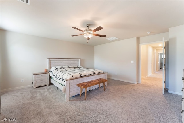 bedroom with carpet floors, a ceiling fan, baseboards, and visible vents