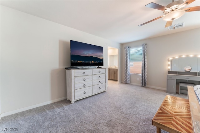 bedroom featuring baseboards, ceiling fan, light colored carpet, and visible vents