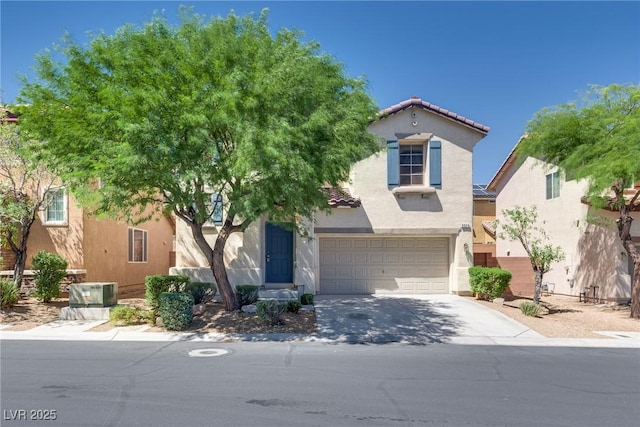 8824 Charm Canyon Ave, Las Vegas, NV 89178 - view of front facade with a garage, stucco siding, a tiled roof, and concrete driveway