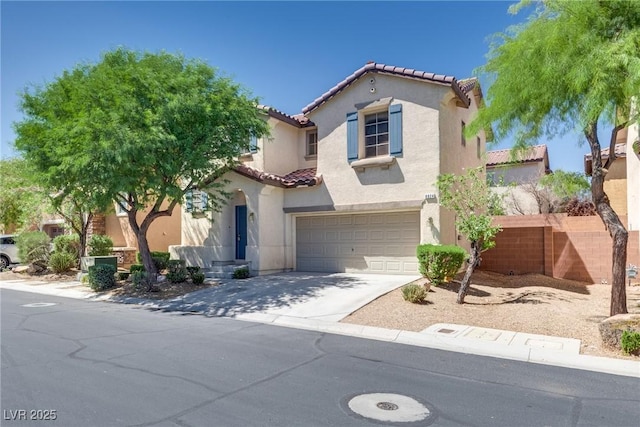 8824 Charm Canyon Ave, Las Vegas, NV 89178 - mediterranean / spanish-style home with a tiled roof, driveway, a garage, fence, and stucco siding