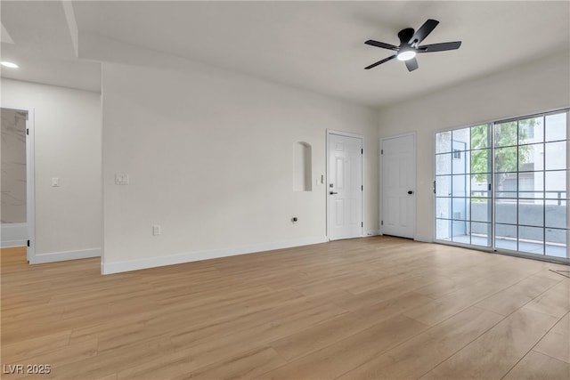 empty room with baseboards, recessed lighting, ceiling fan, and light wood-type flooring