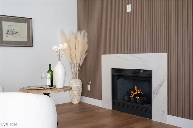 room details featuring a lit fireplace and wood finished floors