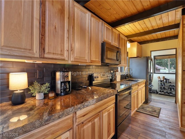 kitchen featuring black electric range oven, beam ceiling, wood ceiling, tasteful backsplash, and a sink