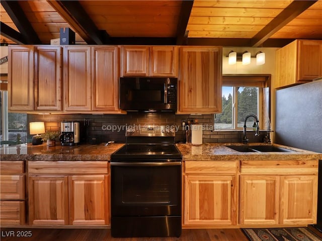 kitchen featuring backsplash, a sink, wooden ceiling, beamed ceiling, and black range with electric cooktop