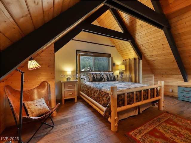 bedroom featuring vaulted ceiling with beams, wood walls, wooden ceiling, and hardwood / wood-style flooring