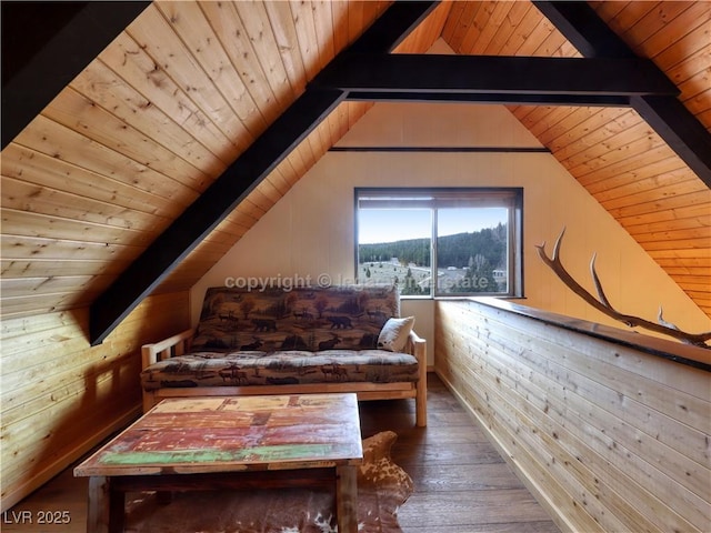 sitting room with lofted ceiling with beams, wood ceiling, hardwood / wood-style floors, and wood walls