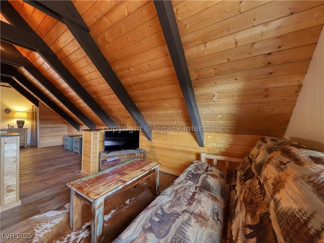bedroom with wooden ceiling, vaulted ceiling with beams, wood walls, and wood finished floors