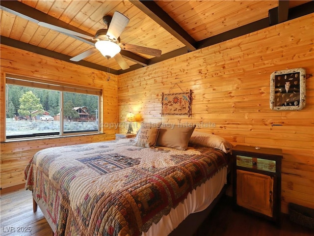 bedroom featuring wood finished floors, beamed ceiling, ceiling fan, wooden walls, and wooden ceiling