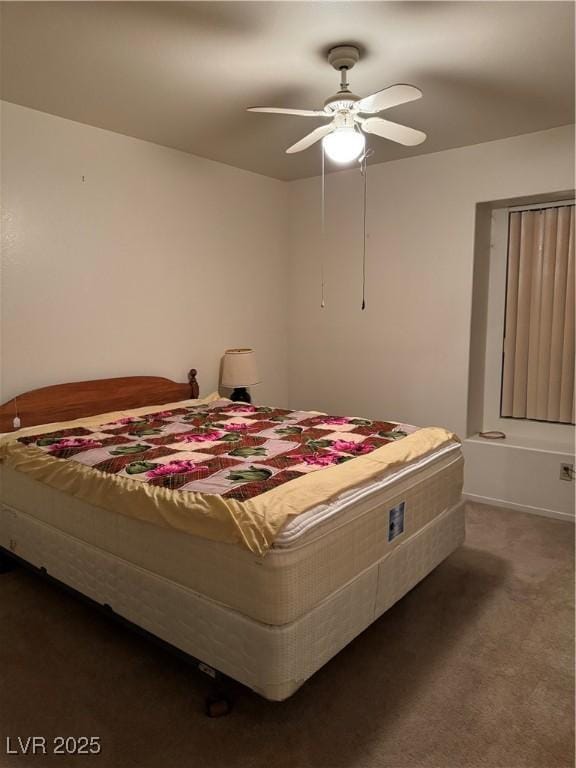 bedroom featuring dark carpet and a ceiling fan