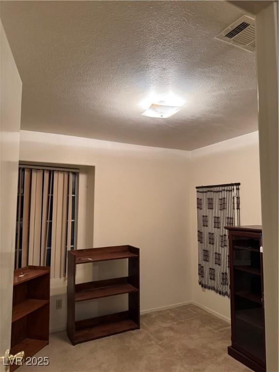carpeted empty room featuring a textured ceiling