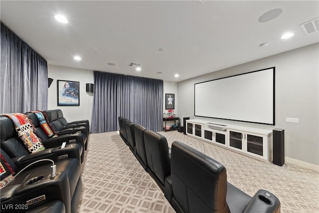 cinema featuring recessed lighting, baseboards, visible vents, and carpet