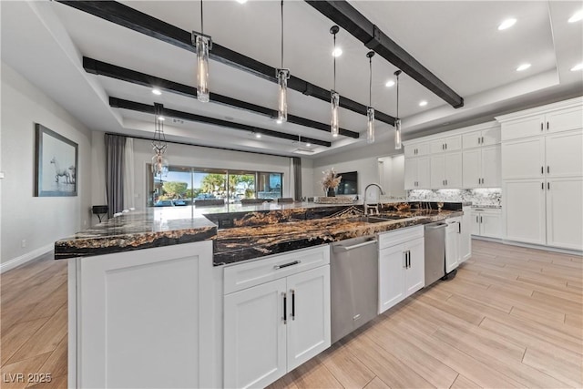 kitchen featuring a sink, dishwasher, and beam ceiling