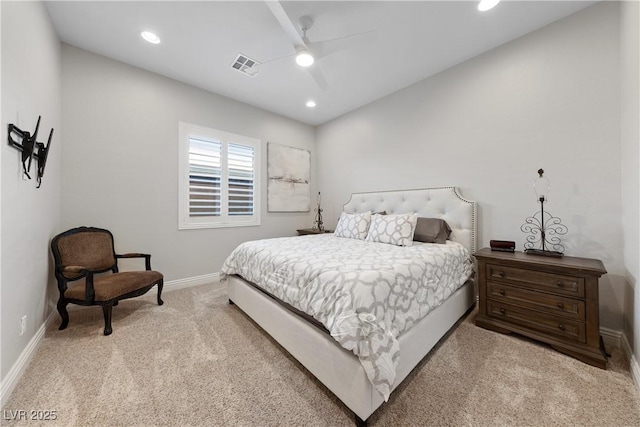 bedroom with visible vents, recessed lighting, baseboards, and light colored carpet