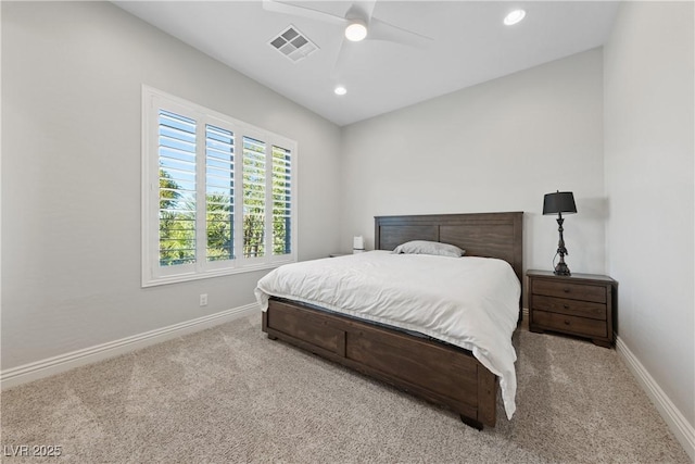 bedroom with visible vents, recessed lighting, baseboards, and light colored carpet