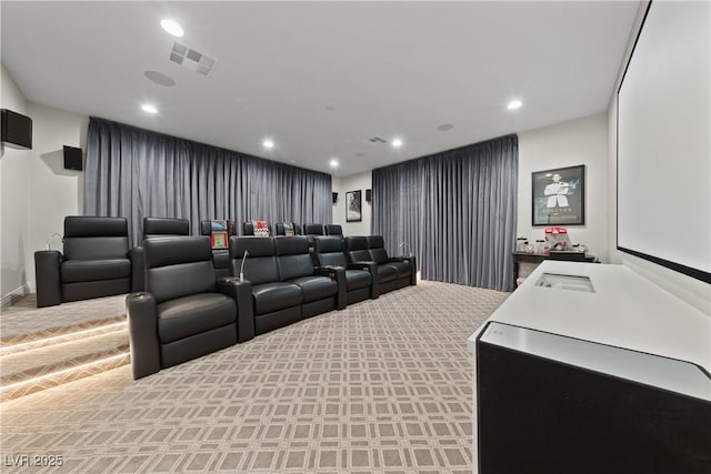 carpeted home theater with recessed lighting and visible vents
