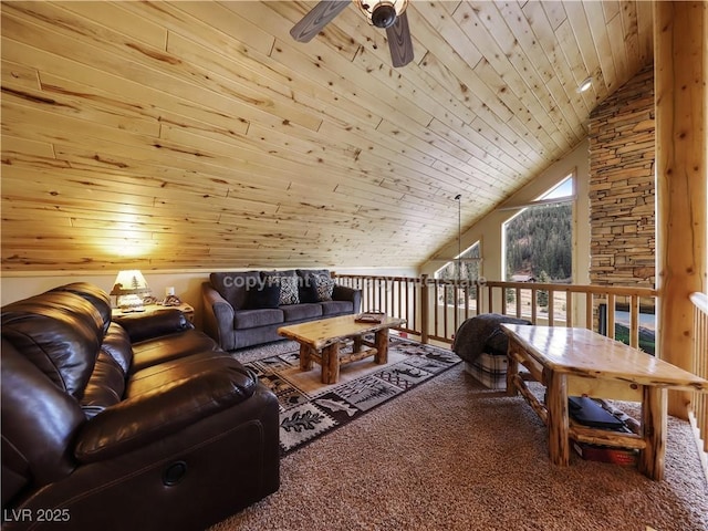 carpeted living room featuring wood ceiling, a ceiling fan, and lofted ceiling