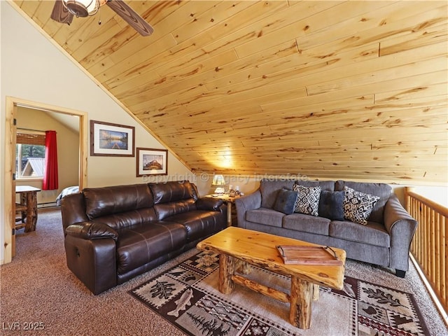 carpeted living room with a ceiling fan, vaulted ceiling, and wood ceiling
