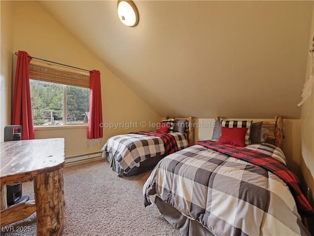 bedroom featuring carpet flooring, lofted ceiling, and a baseboard radiator