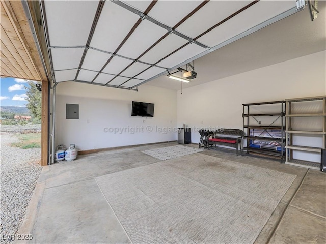 garage with a garage door opener and electric panel