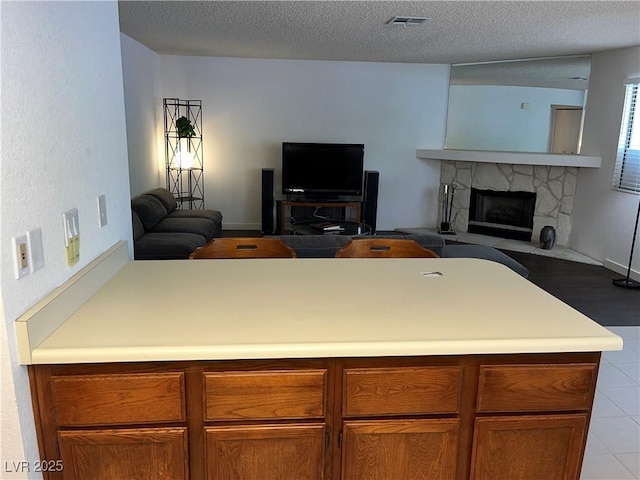 2704 Otter Creek Ct Unit 101, Las Vegas, NV 89117 - living room featuring a stone fireplace and a textured ceiling