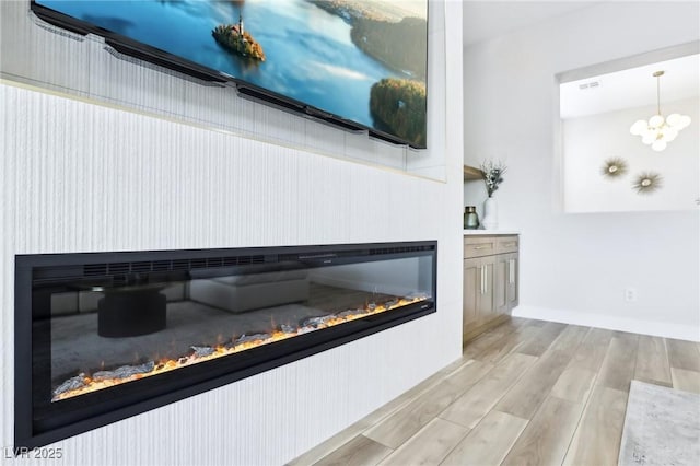 room details with a glass covered fireplace and wood finished floors