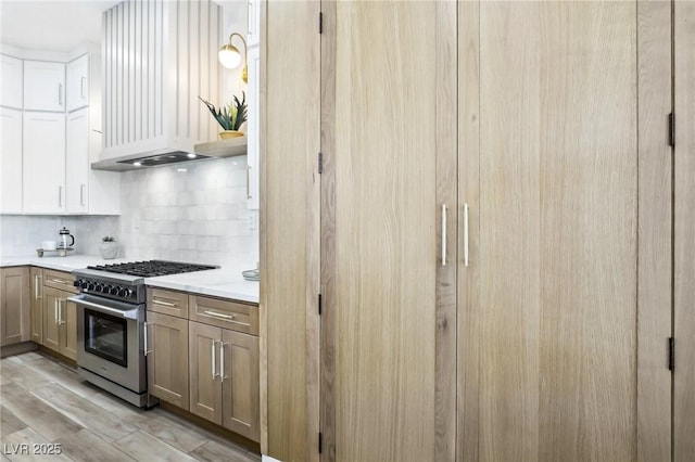 kitchen featuring tasteful backsplash, light countertops, premium range hood, stainless steel range, and light wood finished floors