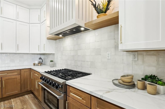 kitchen featuring tasteful backsplash, light stone countertops, high end range, custom exhaust hood, and white cabinetry