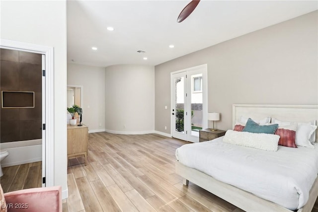 bedroom with visible vents, baseboards, access to outside, recessed lighting, and light wood-style flooring