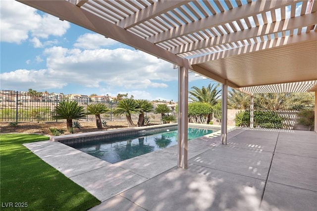 view of swimming pool with a fenced backyard, a fenced in pool, a pergola, and a patio