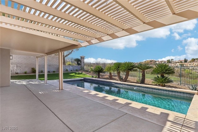 view of swimming pool with a fenced in pool, a fenced backyard, a pergola, and a patio
