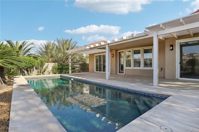 view of pool with a fenced in pool, fence, a pergola, and a patio