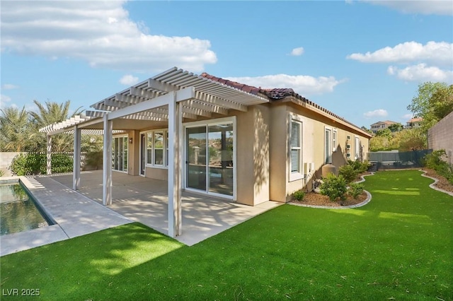 back of house featuring a patio, fence, a yard, a pergola, and stucco siding