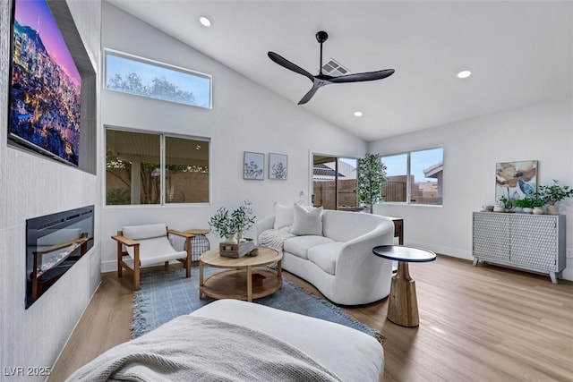 living room featuring a ceiling fan, recessed lighting, wood finished floors, and visible vents