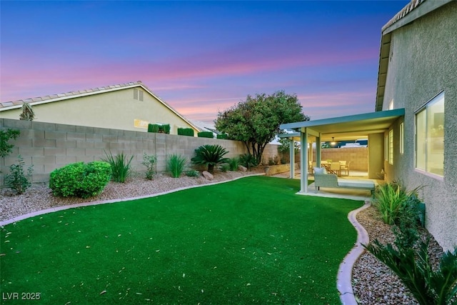 view of yard featuring a fenced backyard and a patio area