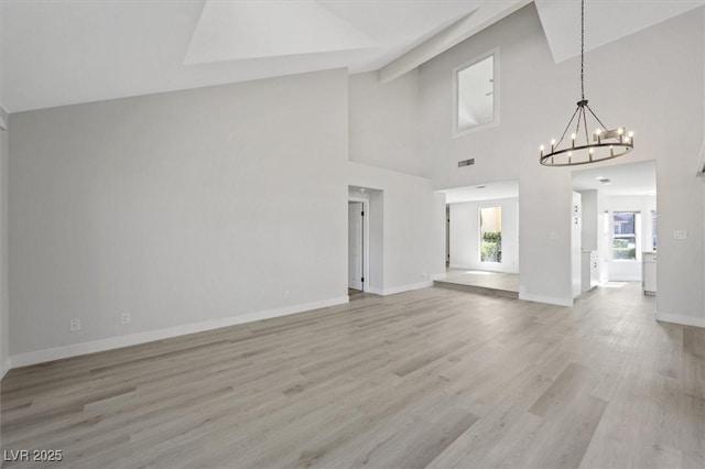 unfurnished living room with a notable chandelier, high vaulted ceiling, light wood-style flooring, baseboards, and visible vents
